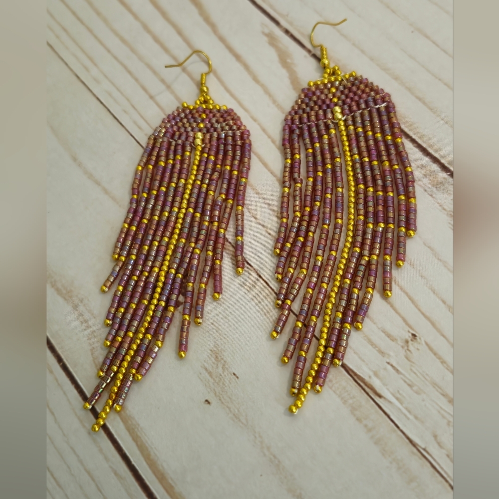 Long multi-colored earrings made of Czech and Japanese beads by hand